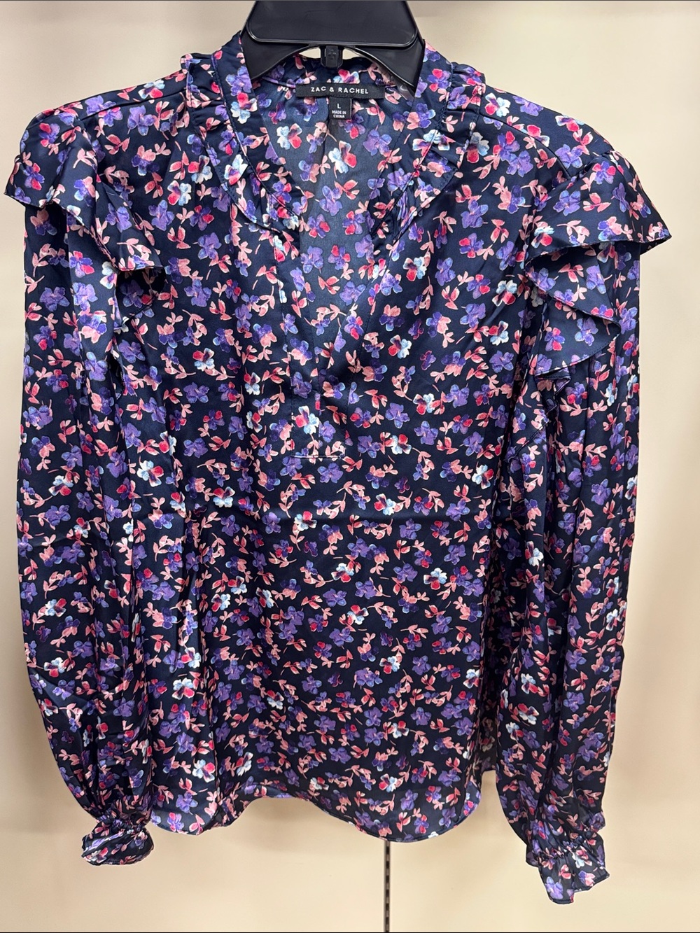 Zac & Rachel Navy Floral Ruffle V-Neck Long Sleeve Blouse